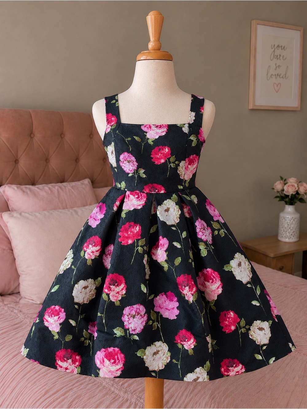 & Other Stories Black Floral Mini Dress with Pink & White Roses